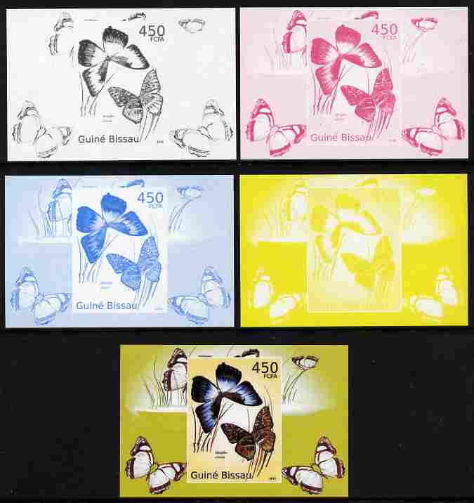 Guinea - Bissau 2010 Butterflies #06 individual deluxe sheet - the set of 5 imperf progressive proofs comprising the 4 individual colours plus all 4-colour composite, unmounted mint