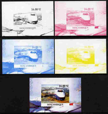 Mozambique 2010 Japanese High Speed Trains #1 individual deluxe sheet - the set of 5 imperf progressive proofs comprising the 4 individual colours plus all 4-colour composite, unmounted mint