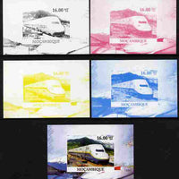 Mozambique 2010 Japanese High Speed Trains #2 individual deluxe sheet - the set of 5 imperf progressive proofs comprising the 4 individual colours plus all 4-colour composite, unmounted mint