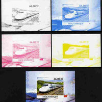 Mozambique 2010 Japanese High Speed Trains #3 individual deluxe sheet - the set of 5 imperf progressive proofs comprising the 4 individual colours plus all 4-colour composite, unmounted mint