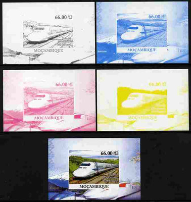 Mozambique 2010 Japanese High Speed Trains #3 individual deluxe sheet - the set of 5 imperf progressive proofs comprising the 4 individual colours plus all 4-colour composite, unmounted mint