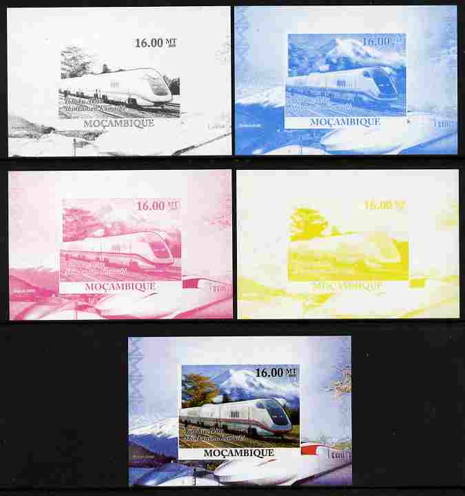Mozambique 2010 Japanese High Speed Trains #4 individual deluxe sheet - the set of 5 imperf progressive proofs comprising the 4 individual colours plus all 4-colour composite, unmounted mint