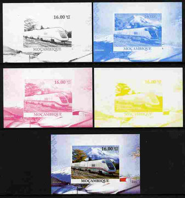 Mozambique 2010 Japanese High Speed Trains #4 individual deluxe sheet - the set of 5 imperf progressive proofs comprising the 4 individual colours plus all 4-colour composite, unmounted mint