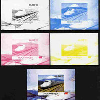 Mozambique 2010 Japanese High Speed Trains #5 individual deluxe sheet - the set of 5 imperf progressive proofs comprising the 4 individual colours plus all 4-colour composite, unmounted mint