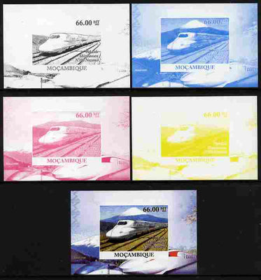 Mozambique 2010 Japanese High Speed Trains #5 individual deluxe sheet - the set of 5 imperf progressive proofs comprising the 4 individual colours plus all 4-colour composite, unmounted mint