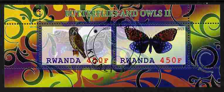 Rwanda 2011 Butterflies & Owls #2 perf sheetlet containing 2 values fine cto used