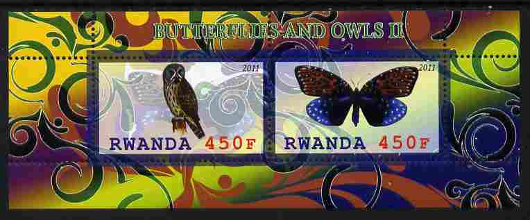 Rwanda 2011 Butterflies & Owls #2 perf sheetlet containing 2 values unmounted mint