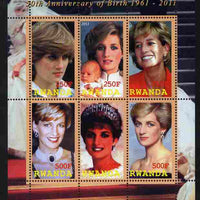 Rwanda 2011 50th Birth Anniversary of Princess Diana perf sheetlet containing 6 values unmounted mint