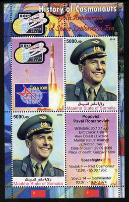 Maakhir State of Somalia 2010 50th Anniversary of Space Exploration #01 - Pavel Popovich perf sheetlet containing 2 values plus 2 labels unmounted mint