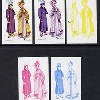 Staffa 1974 Costumes 3p (Spring Fashion 1818) set of 5 imperf progressive colour proofs comprising 3 individual colours (red, blue & yellow) plus 3 and all 4-colour composites unmounted mint