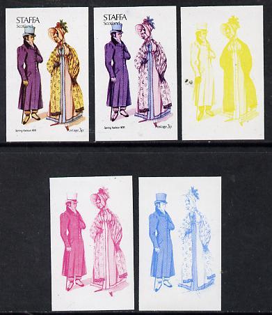 Staffa 1974 Costumes 3p (Spring Fashion 1818) set of 5 imperf progressive colour proofs comprising 3 individual colours (red, blue & yellow) plus 3 and all 4-colour composites unmounted mint