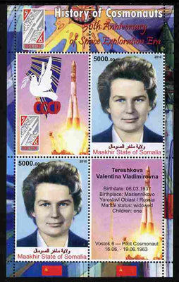Maakhir State of Somalia 2010 50th Anniversary of Space Exploration #02 - Valentina Tereshkova perf sheetlet containing 2 values plus 2 labels unmounted mint
