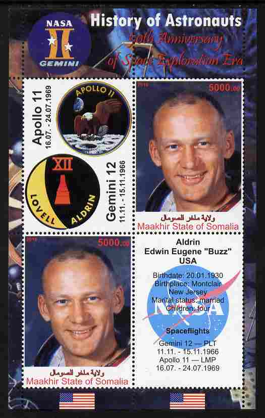 Maakhir State of Somalia 2010 50th Anniversary of Space Exploration #06 - Edwin 'Buzz' Aldrin perf sheetlet containing 2 values plus 2 labels unmounted mint