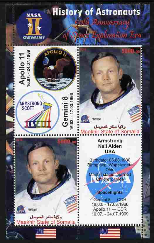 Maakhir State of Somalia 2010 50th Anniversary of Space Exploration #07 - Neil Armstrong perf sheetlet containing 2 values plus 2 labels unmounted mint