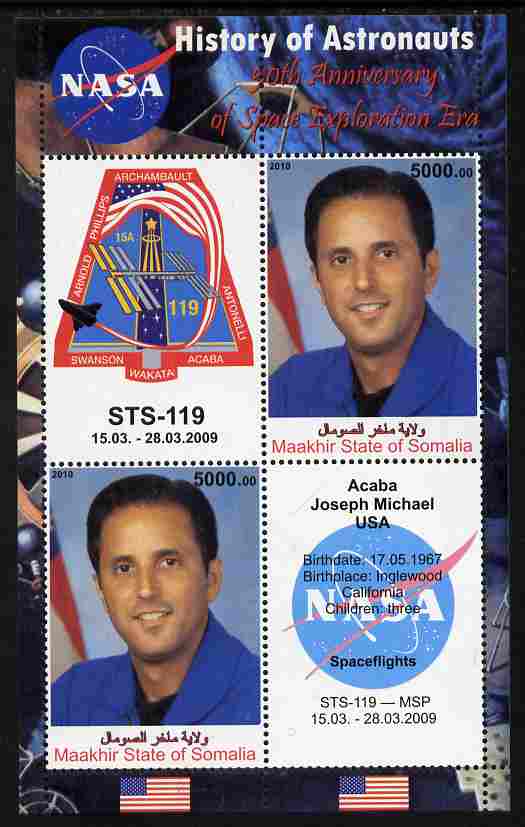 Maakhir State of Somalia 2010 50th Anniversary of Space Exploration #10 - Joseph Acaba perf sheetlet containing 2 values plus 2 labels unmounted mint