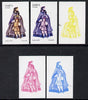 Staffa 1974 Costumes 4p (Travelling Coat 1860) set of 5 imperf progressive colour proofs comprising 3 individual colours (red, blue & yellow) plus 3 and all 4-colour composites unmounted mint
