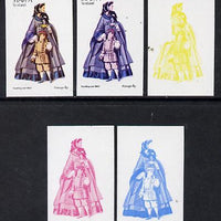 Staffa 1974 Costumes 4p (Travelling Coat 1860) set of 5 imperf progressive colour proofs comprising 3 individual colours (red, blue & yellow) plus 3 and all 4-colour composites unmounted mint