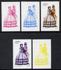 Staffa 1974 Costumes 5p (Lady in Stuart Cap 1862) set of 5 imperf progressive colour proofs comprising 3 individual colours (red, blue & yellow) plus 3 and all 4-colour composites unmounted mint