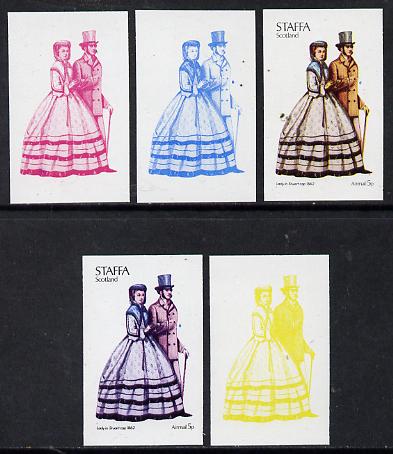 Staffa 1974 Costumes 5p (Lady in Stuart Cap 1862) set of 5 imperf progressive colour proofs comprising 3 individual colours (red, blue & yellow) plus 3 and all 4-colour composites unmounted mint