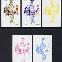 Staffa 1974 Costumes 20p (Fashion 1913) set of 5 imperf progressive colour proofs comprising 3 individual colours (red, blue & yellow) plus 3 and all 4-colour composites unmounted mint