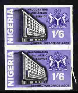 Nigeria 1969 Inauguration of Philatelic Service 1s6d imperf colour trial proof pair in black & violet each with scissor cut and other faults as SG 216