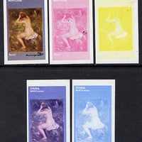 Staffa 1974 Paintings of Nudes,3p (Renoir) set of 5 imperf progressive colour proofs comprising 3 individual colours (red, blue & yellow) plus 3 and all 4-colour composites unmounted mint