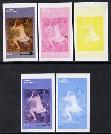 Staffa 1974 Paintings of Nudes,3p (Renoir) set of 5 imperf progressive colour proofs comprising 3 individual colours (red, blue & yellow) plus 3 and all 4-colour composites unmounted mint