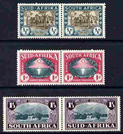 South Africa 1939 Huguenot set of 6 (3 se-tenant pairs) in fine mounted mint horiz pairs, SG 82-84