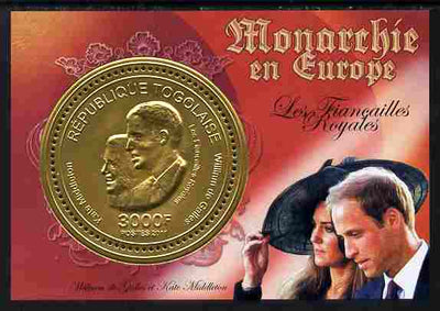 Togo 2011 European Monarchs - Royal Engagement - William & Kate perf s/sheet (gold foil) unmounted mint