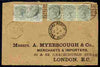 Trinidad 1896 cover to London bearing pair and strip of 3 QV 1/2d tied St Mary's (?) cds with Port of Spain alongside, cover opened on 3 sides