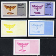 Dhufar 1974 Moths 2b (Deaths Head) set of 5 imperf progressive colour proofs comprising 3 individual colours (red, blue & yellow) plus 3 and all 4-colour composites unmounted mint