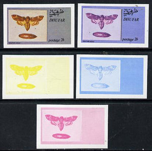 Dhufar 1974 Moths 2b (Deaths Head) set of 5 imperf progressive colour proofs comprising 3 individual colours (red, blue & yellow) plus 3 and all 4-colour composites unmounted mint