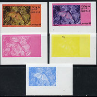 Dhufar 1974 Moths 4b (Cinnabar) set of 5 imperf progressive colour proofs comprising 3 individual colours (red, blue & yellow) plus 3 and all 4-colour composites unmounted mint