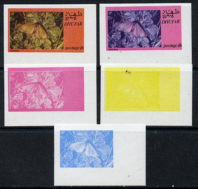Dhufar 1974 Moths 4b (Cinnabar) set of 5 imperf progressive colour proofs comprising 3 individual colours (red, blue & yellow) plus 3 and all 4-colour composites unmounted mint