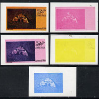 Dhufar 1974 Moths 10b (Lime Hawk) set of 5 imperf progressive colour proofs comprising 3 individual colours (red, blue & yellow) plus 3 and all 4-colour composites unmounted mint