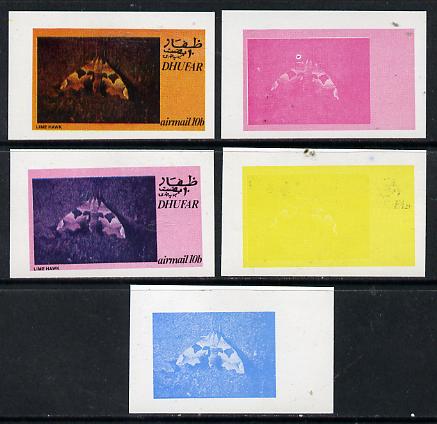 Dhufar 1974 Moths 10b (Lime Hawk) set of 5 imperf progressive colour proofs comprising 3 individual colours (red, blue & yellow) plus 3 and all 4-colour composites unmounted mint