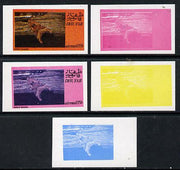Dhufar 1974 Moths 15b (Angle Shades) set of 5 imperf progressive colour proofs comprising 3 individual colours (red, blue & yellow) plus 3 and all 4-colour composites unmounted mint