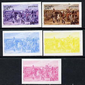 Oman 1974 Napoleon 1b (N at Tilsett) set of 5 imperf progressive colour proofs comprising 3 individual colours (red, blue & yellow) plus 3 and all 4-colour composites unmounted mint