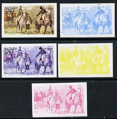 Oman 1974 Napoleon 4b (N & Alexander at Erfurt) set of 5 imperf progressive colour proofs comprising 3 individual colours (red, blue & yellow) plus 3 and all 4-colour composites unmounted mint