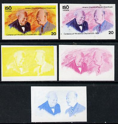 Iso - Sweden 1974 Churchill Birth Centenary 20 (with Pres Eisenhower) set of 5 imperf progressive colour proofs comprising 3 individual colours (red, blue & yellow) plus 3 and all 4-colour composites unmounted mint