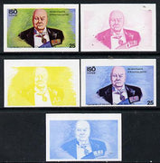 Iso - Sweden 1974 Churchill Birth Centenary 25 (80th Birthday Portrait) set of 5 imperf progressive colour proofs comprising 3 individual colours (red, blue & yellow) plus 3 and all 4-colour composites unmounted mint