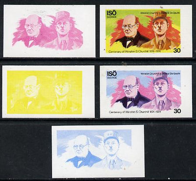 Iso - Sweden 1974 Churchill Birth Centenary 30 (with de Gaulle) set of 5 imperf progressive colour proofs comprising 3 individual colours (red, blue & yellow) plus 3 and all 4-colour composites unmounted mint