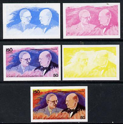 Iso - Sweden 1974 Churchill Birth Centenary 50 (with Pres Truman) set of 5 imperf progressive colour proofs comprising 3 individual colours (red, blue & yellow) plus 3 and all 4-colour composites unmounted mint