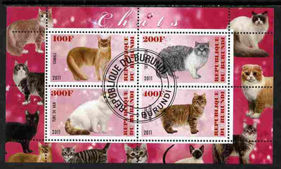 Burundi 2011 Domestic Cats #7 - cerise background perf sheetlet containing 4 values fine cto used