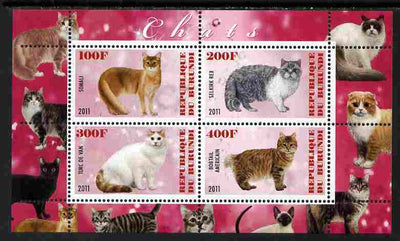 Burundi 2011 Domestic Cats #7 - cerise background perf sheetlet containing 4 values unmounted mint