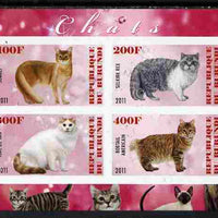 Burundi 2011 Domestic Cats #7 - cerise background imperf sheetlet containing 4 values unmounted mint