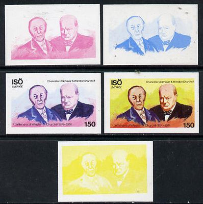 Iso - Sweden 1974 Churchill Birth Centenary 150 (with Adenauer) set of 5 imperf progressive colour proofs comprising 3 individual colours (red, blue & yellow) plus 3 and all 4-colour composites unmounted mint