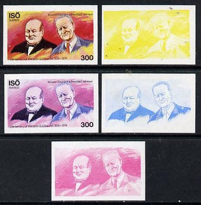 Iso - Sweden 1974 Churchill Birth Centenary 300 (with Pres Johnson) set of 5 imperf progressive colour proofs comprising 3 individual colours (red, blue & yellow) plus 3 and all 4-colour composites unmounted mint