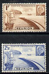 Reunion 1941 unissued 1f & 2f50 showing Roadstead, Ship & Petain (produced by Vichy Govt) unmounted mint*