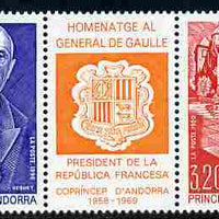 Andorra - French 1990 Birth Centenary of Charles de Gaulle se-tenant strip of 3 (2 stamps plus label) unmounted mint, SG F434a